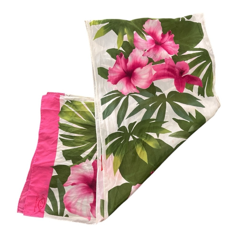 Oscar de la Renta Pink and Green Tropical 🌴 Silk Scarf - Picture 9 of 9